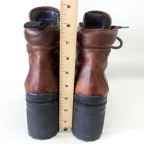 Miu Miu Lace-up Boots EU 37.5 Distressed Leather Block Chunky Heels Alpine Comba - Picture 10 of 15